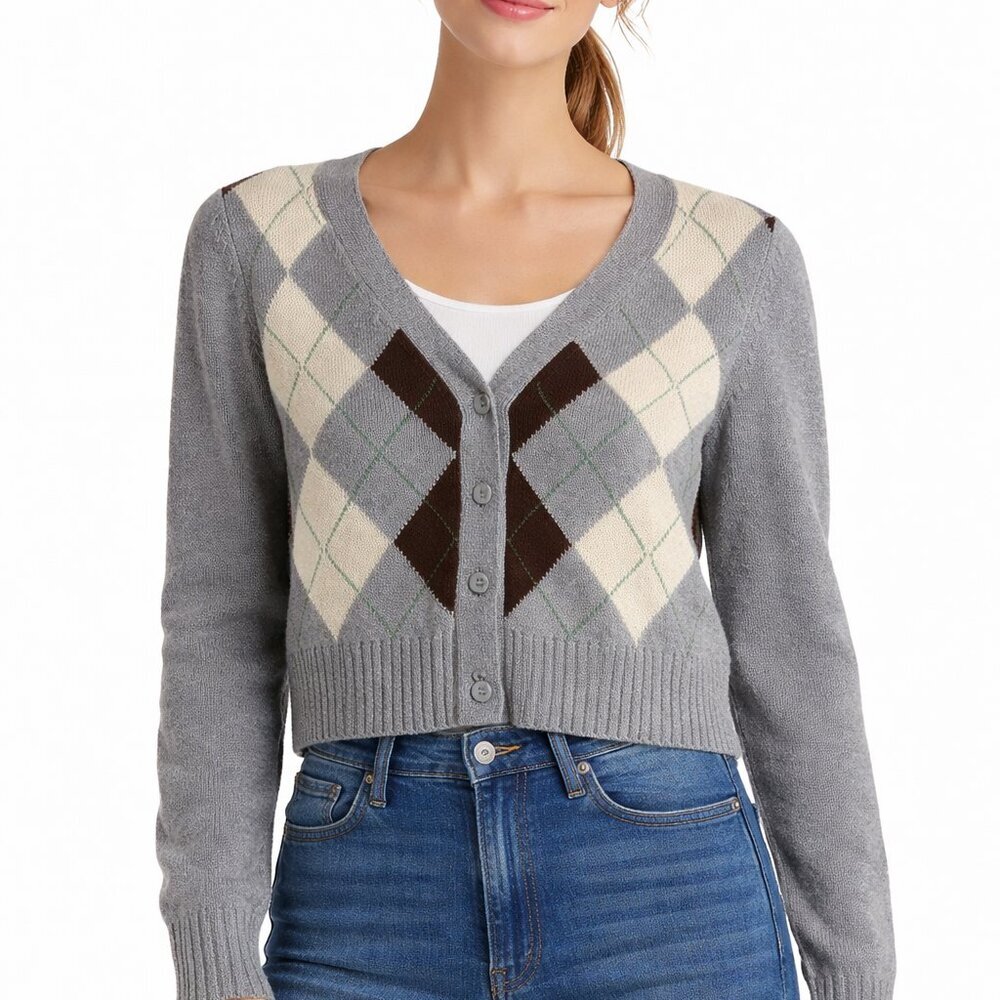 American Eagle Outfitters Argyle Knit Cropped Cardigan Gray Brown Cream XXL NWT